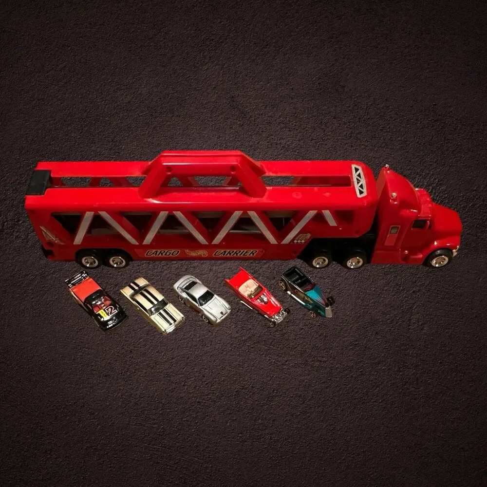 Vintage 1997 Hot Wheels Red Semi Truck and Car Transporter And 5 Cars